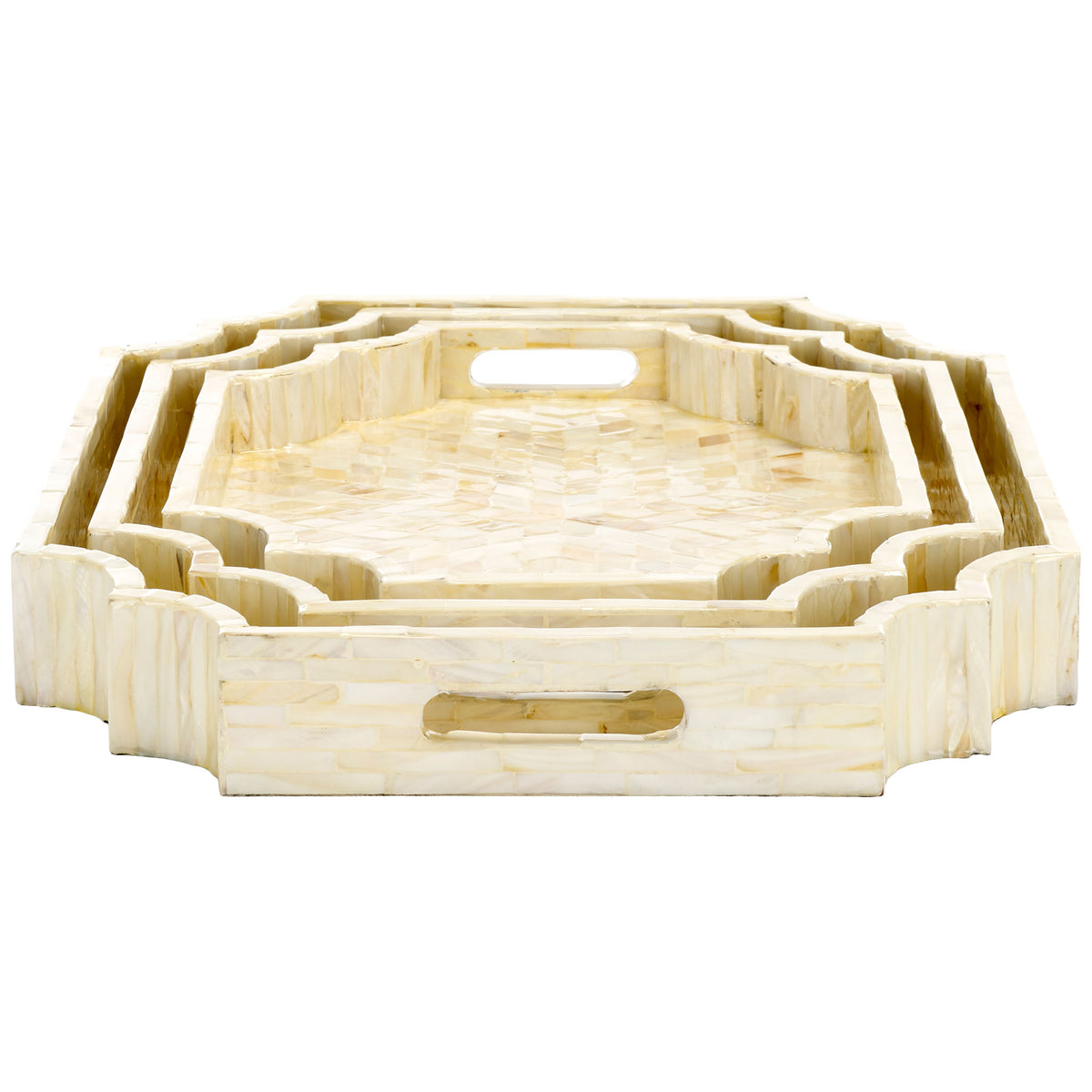 Built-in handles add easy portability to three nesting trays with iridescent inlay || STG1811A || side_studio