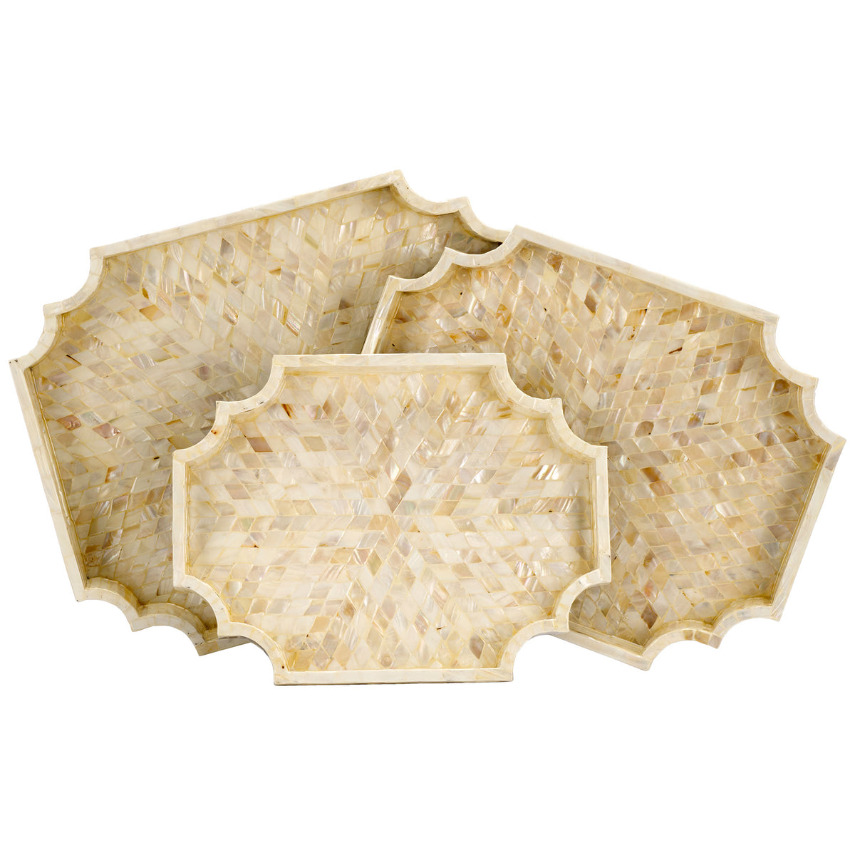 Three graduated trays showcase scalloped profiles and a radiant mother-of-pearl herringbone || STG1811A || top_angle_studio