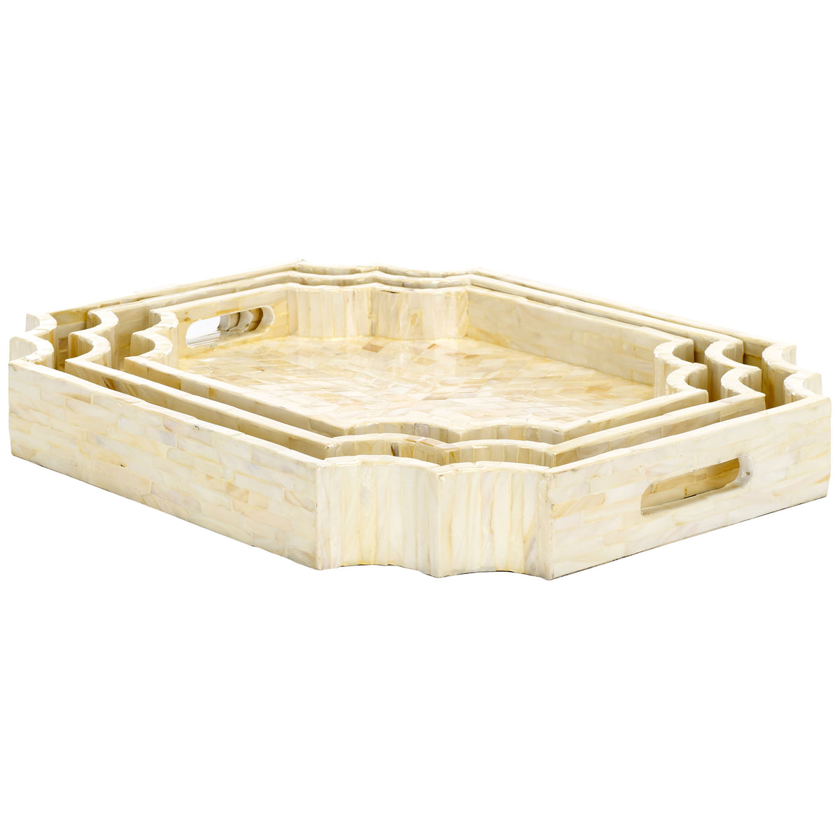 Layered scalloped edges and cutout handles elevate these champagne mother-of-pearl trays || STG1811A || front_angle_studio
