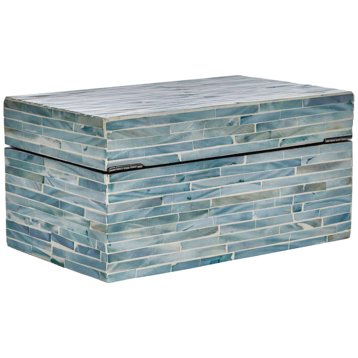 Pearlescent blue-gray tiles carry across the lid and sides of a hinged keepsake box. || STG1812A || back_angle_partial_studio