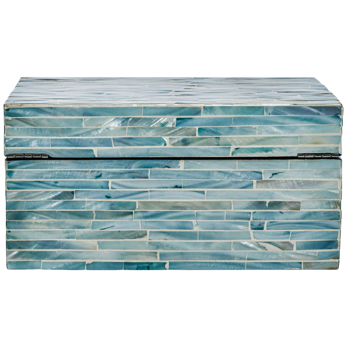 Discreet hinges and lustrous blue-gray shell tiles give a lidded keepsake box practical polish. || STG1812A || back_partial_studio