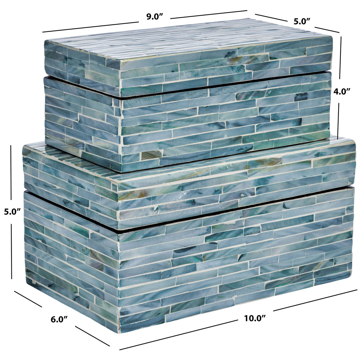 Two shell-inlaid storage boxes measure 9 x 5 x 4 and 10 x 6 x 5 inches.