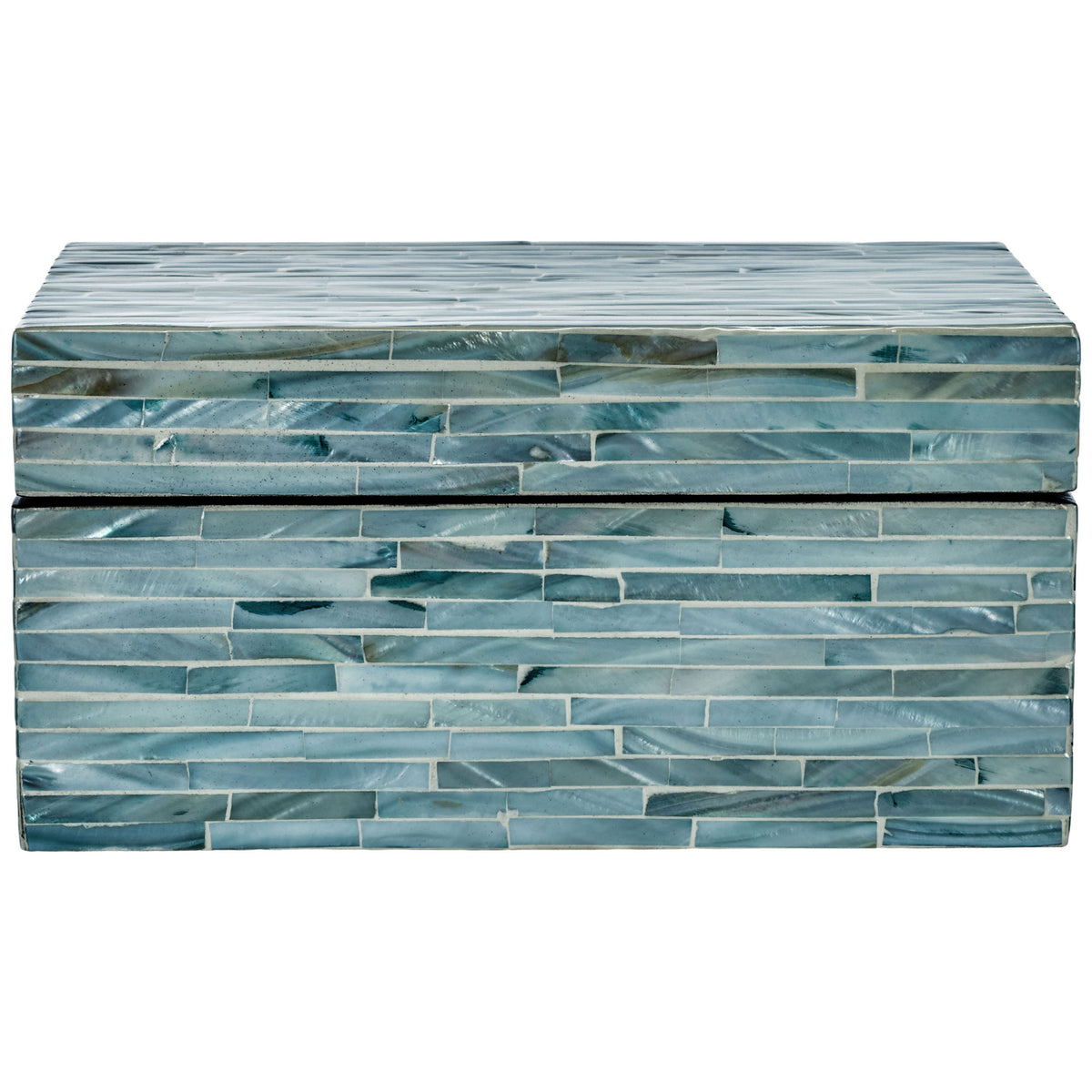 A larger lidded storage box pairs a clean rectangular shape with shimmering blue-gray shell tiles. || STG1812A || front_partial_studio