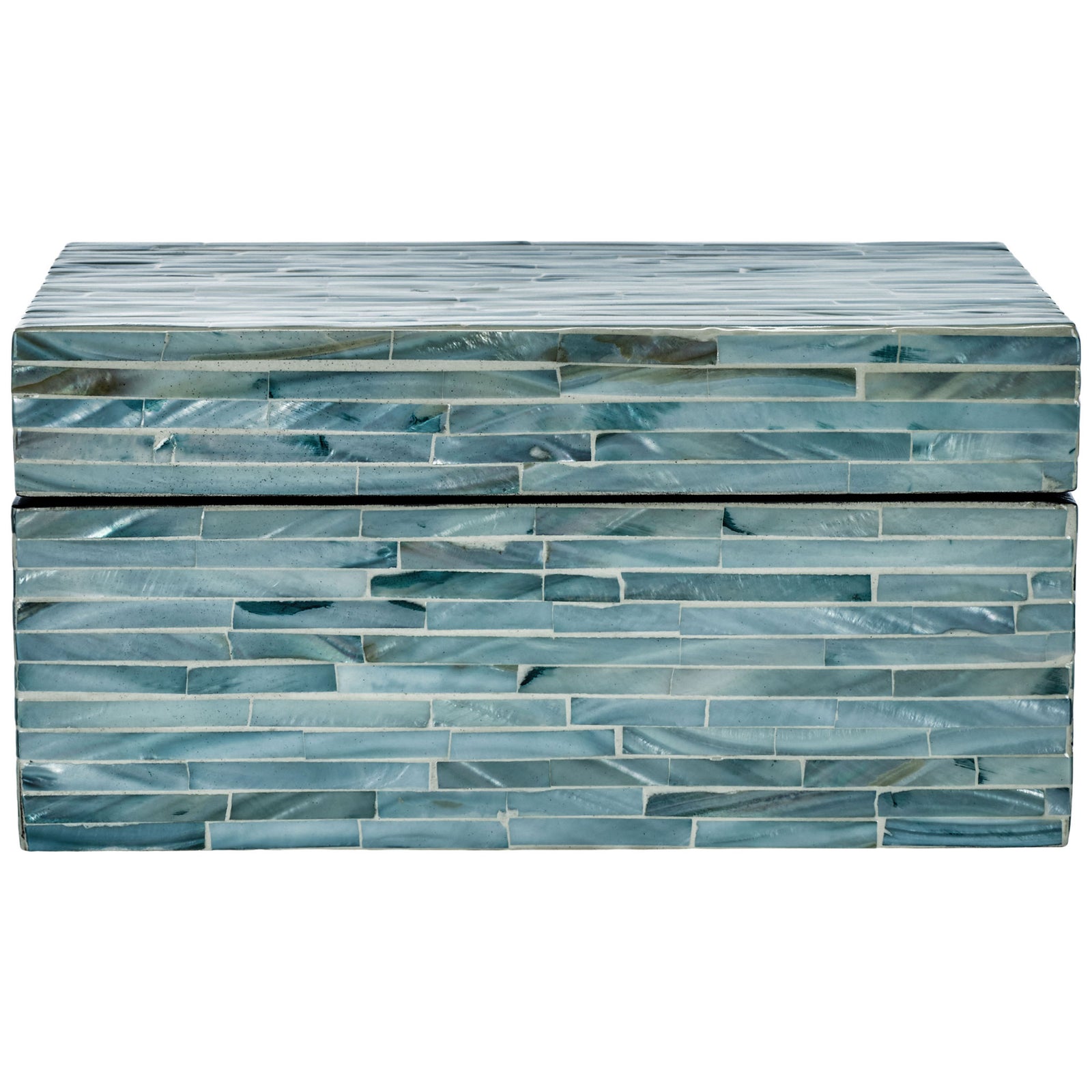 A larger lidded storage box pairs a clean rectangular shape with shimmering blue-gray shell tiles. || STG1812A || front_partial_studio