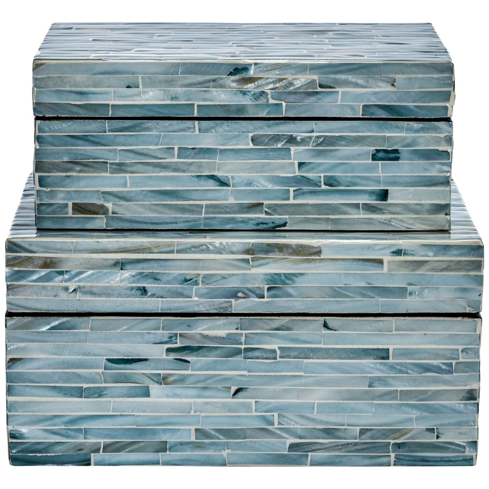 A petite shell-inlaid box rests atop a larger match, creating layered blue-gray shimmer. || STG1812A || front_studio