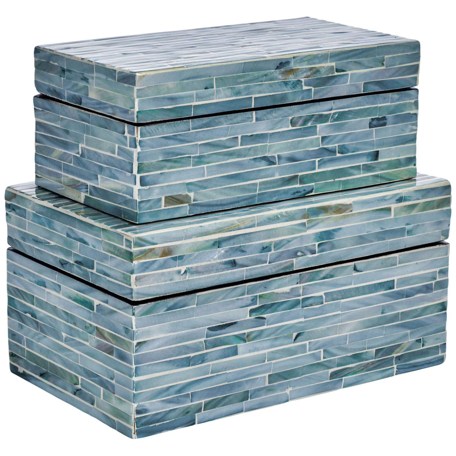Two blue-gray keepsake boxes stack neatly, with glossy shell tiles wrapping each corner. || STG1812A || front_angle_studio