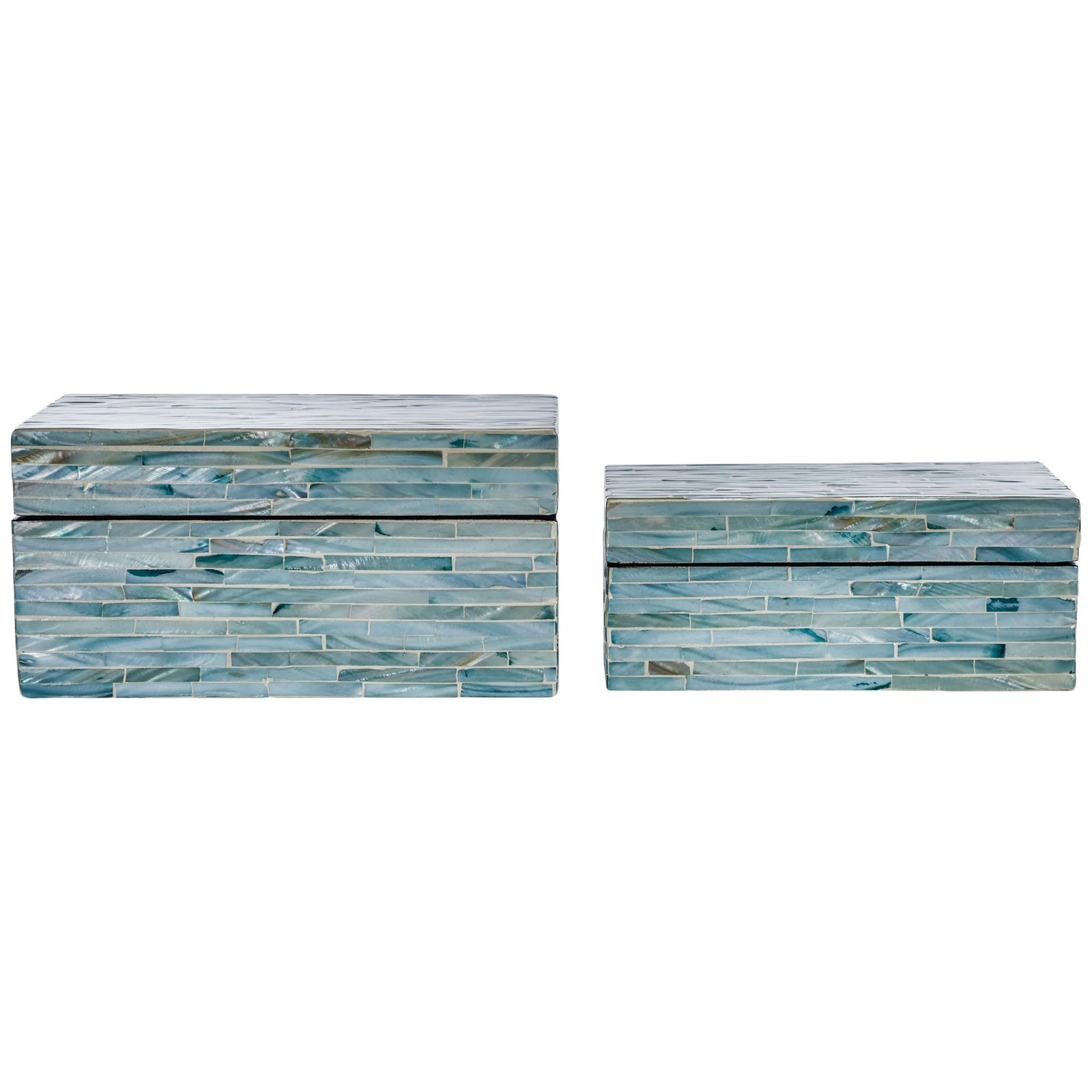 A large and small box form a coordinated pair, each finished in shimmering blue-gray shell tiles. || STG1812A || front_studio