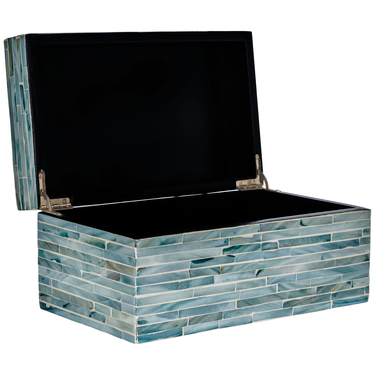 A hinged lid opens to reveal a dark-lined compartment inside a blue-gray shell-inlaid box. || STG1812A || front_angle_partial_open_studio