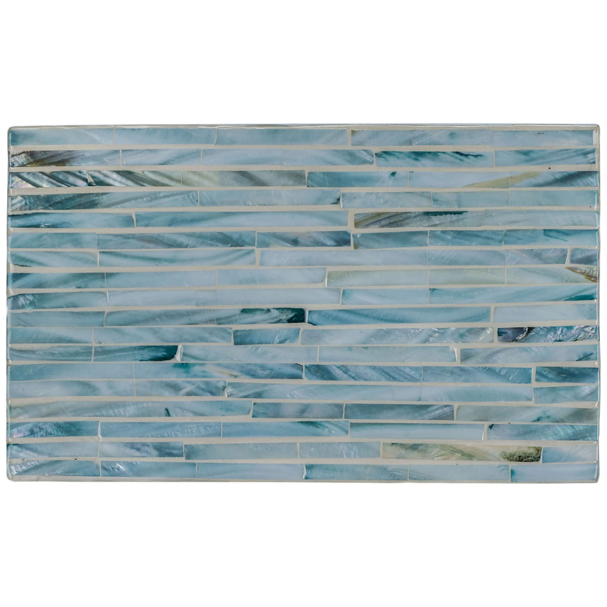 Staggered blue-gray mother-of-pearl tiles bring gentle luster to a rectangular box lid. || STG1812A || top_partial_studio