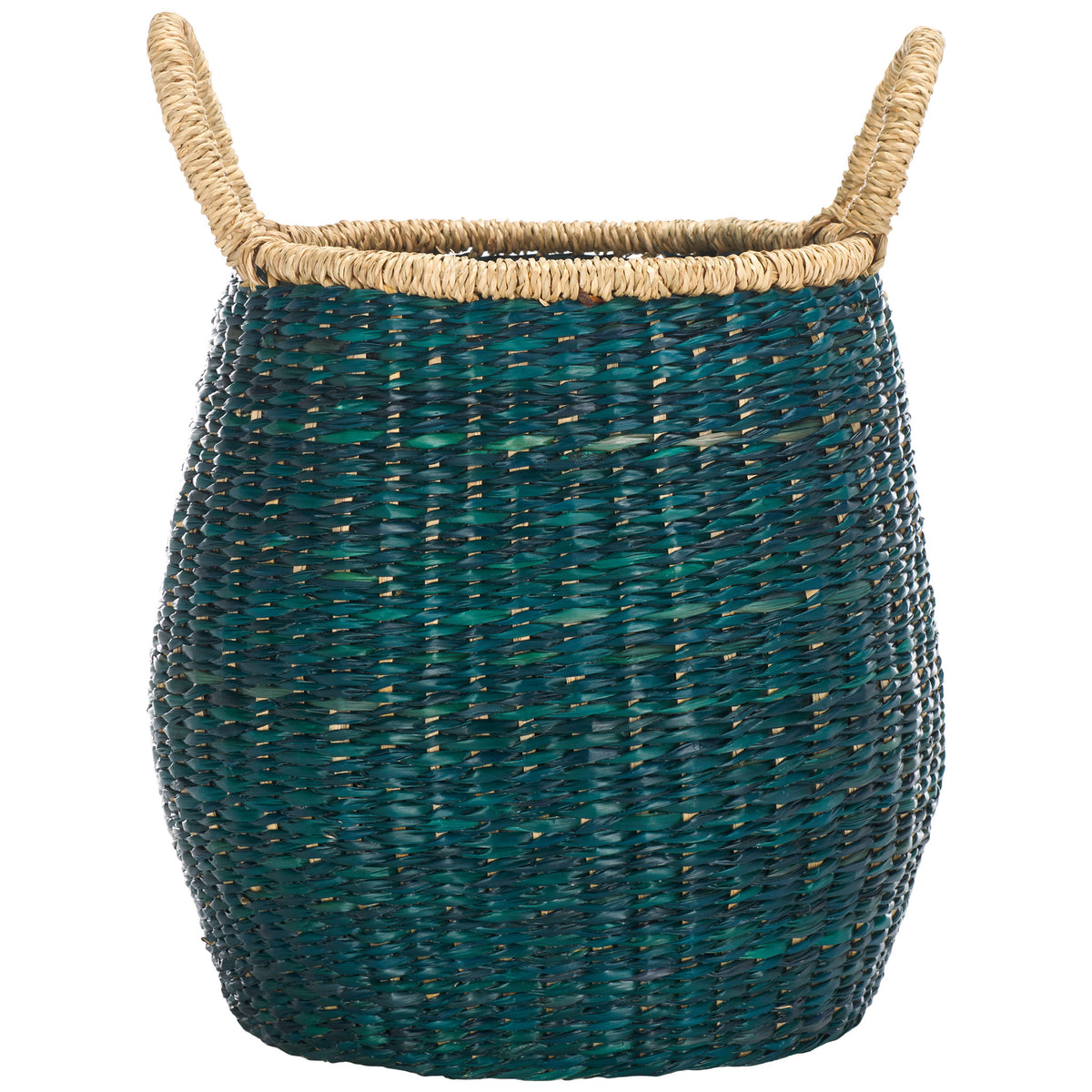 A gently rounded green seagrass basket features natural woven trim and two carrying handles || STG1815A || front_studio
