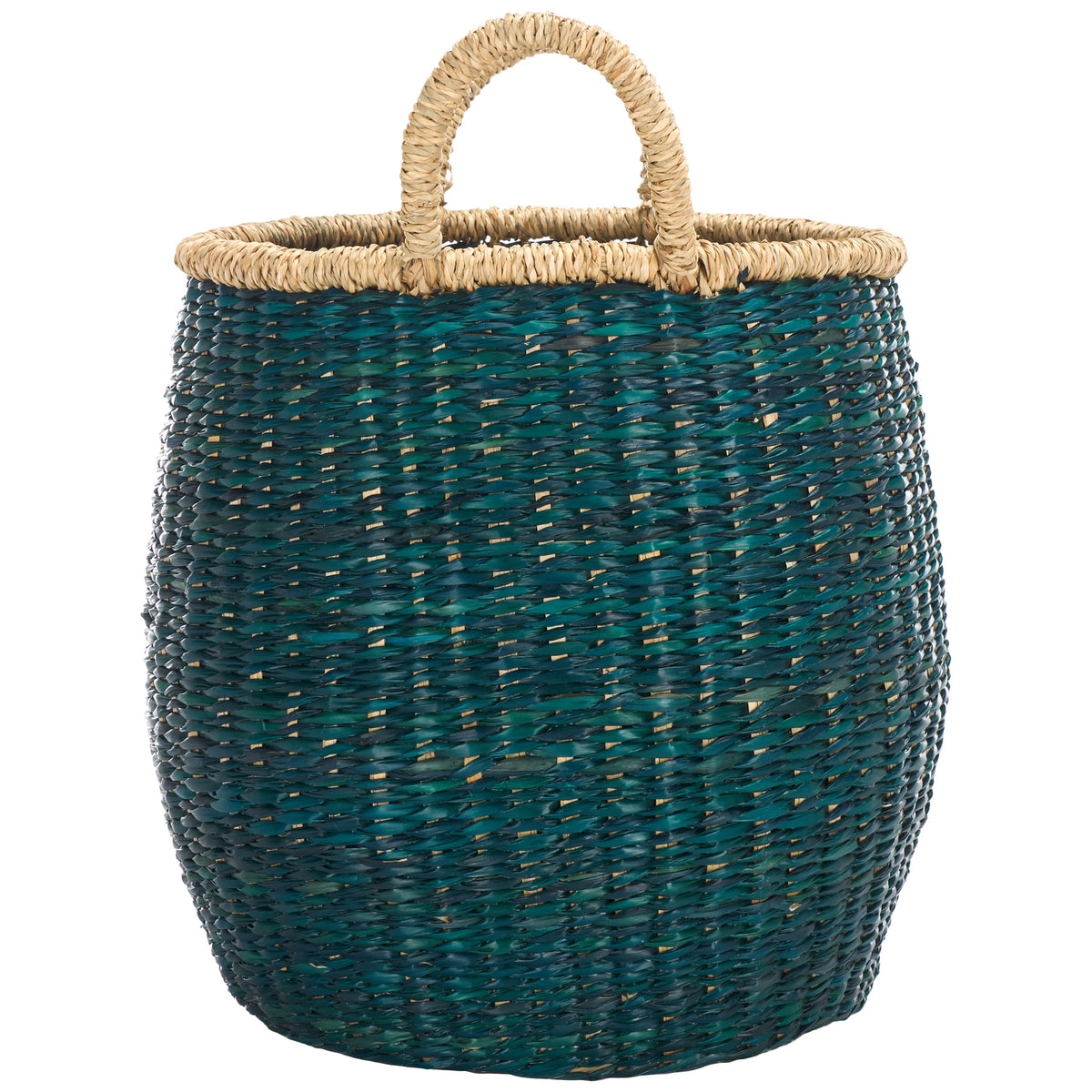 A tall loop handle curves over the open rim of a rounded green seagrass basket || STG1815A || side_studio