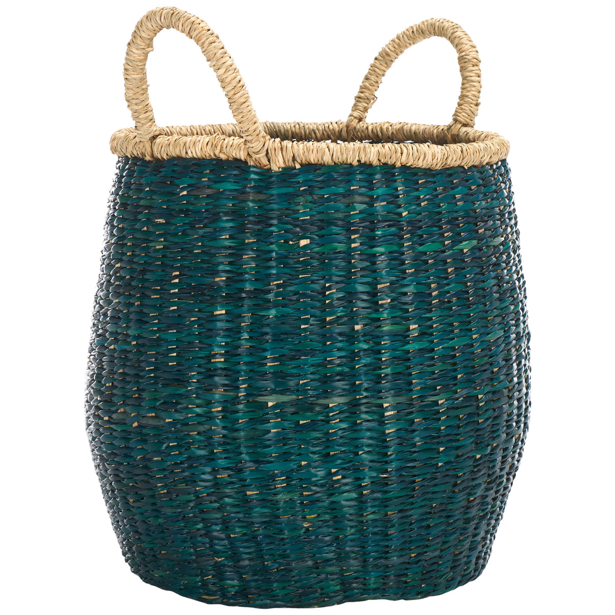 Two natural loop handles and a wrapped rim contrast with the basket's rich green weave || STG1815A || front_angle_studio