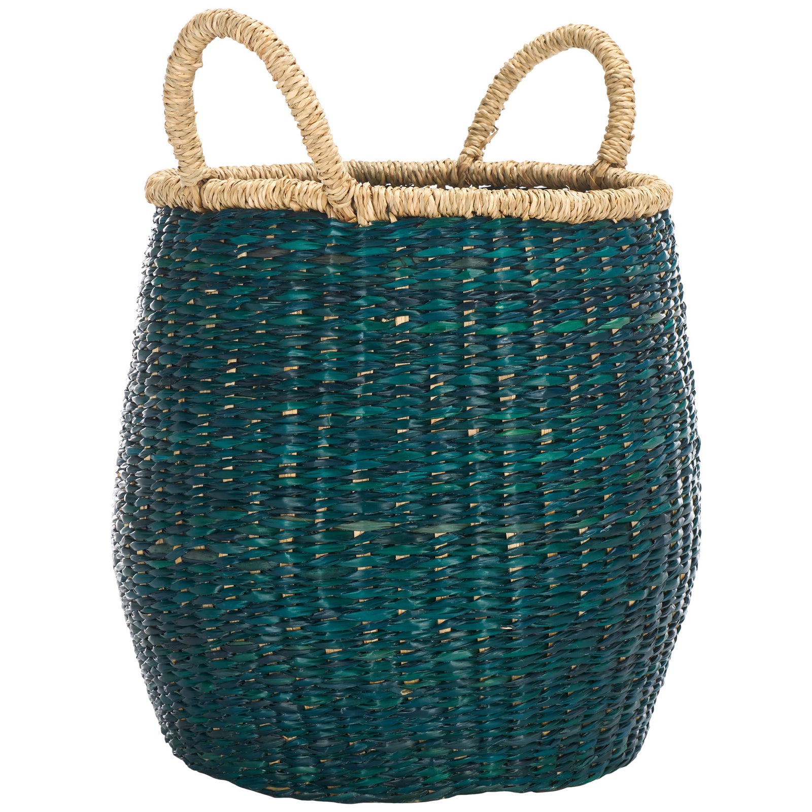 Two natural loop handles and a wrapped rim contrast with the basket's rich green weave || STG1815A || front_angle_studio