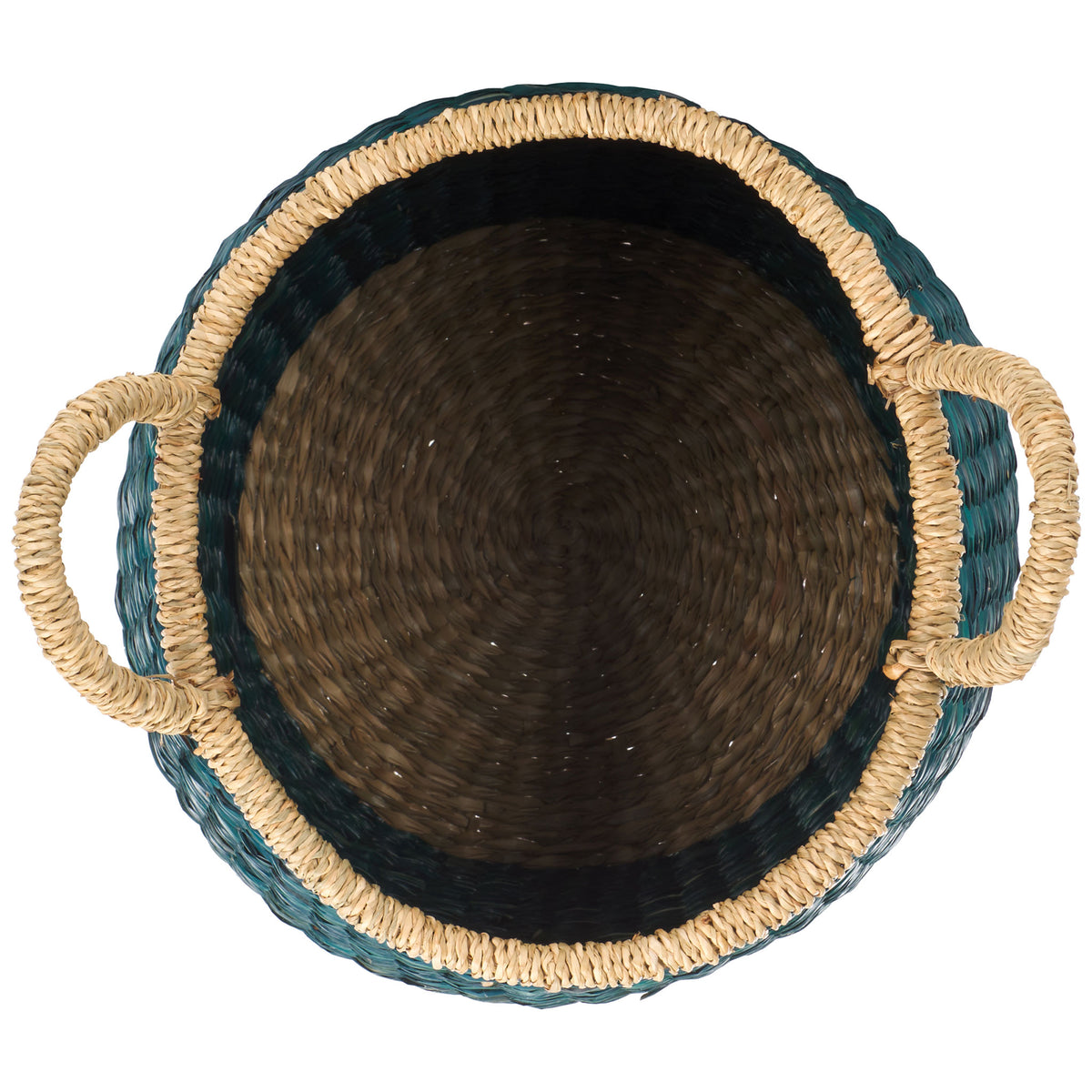 An open circular basket reveals its woven interior, natural rim, and twin loop handles || STG1815A || top_studio