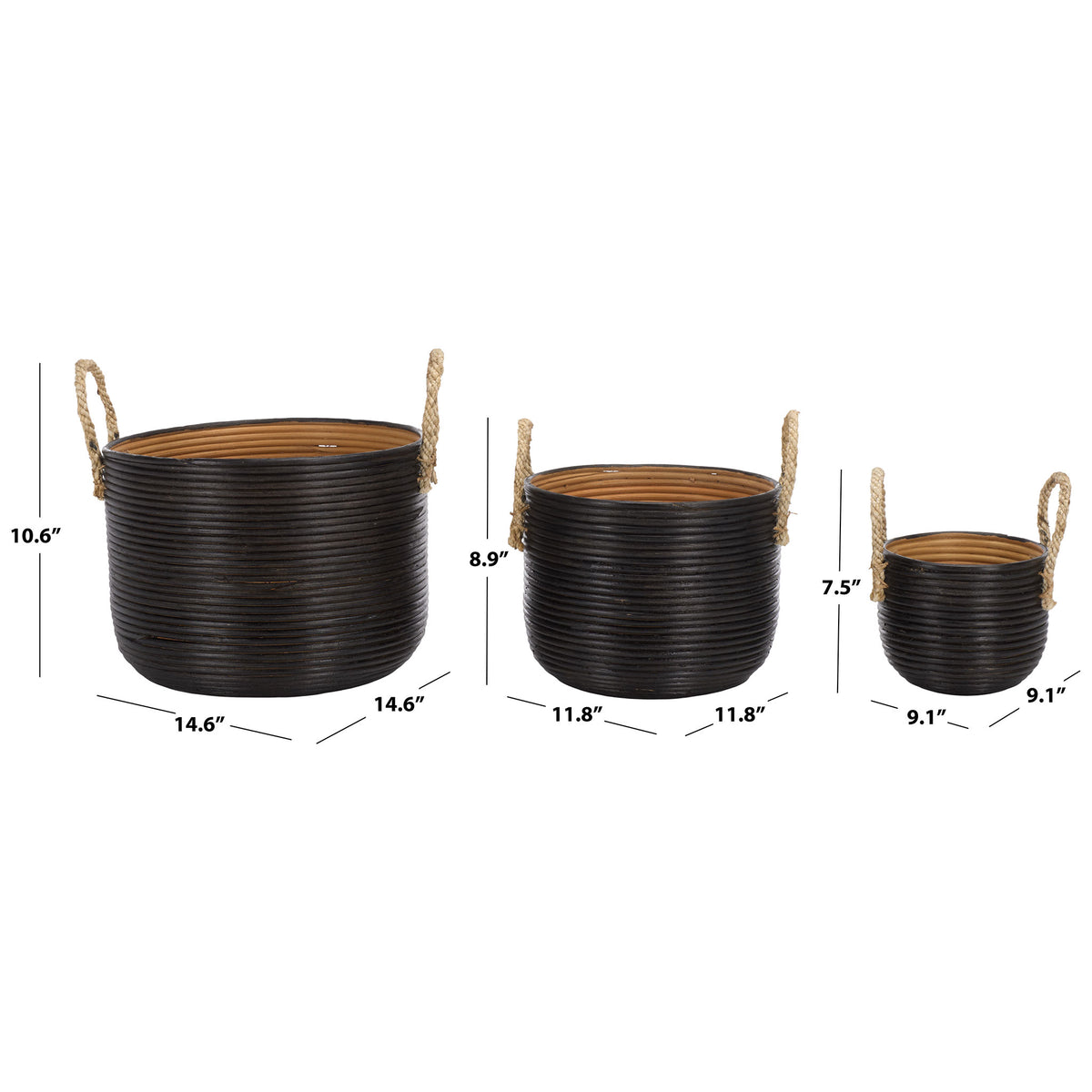 Three graduated baskets measure 14.6, 11.8, and 9.1 inches across for flexible storage || STG1816A || dimension_studio