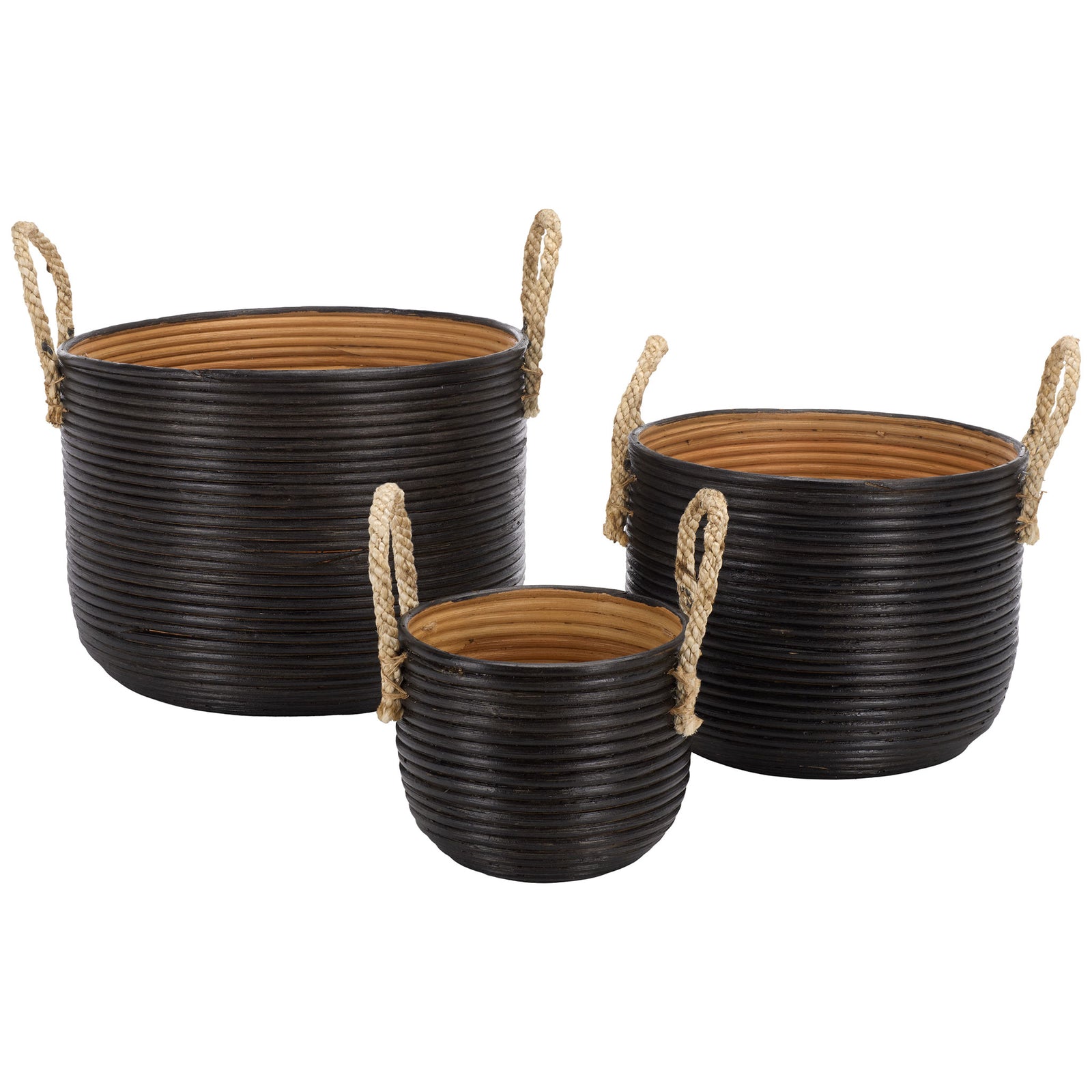 Three graduated black rattan baskets pair warm natural interiors with braided rope handles || STG1816A || front_studio