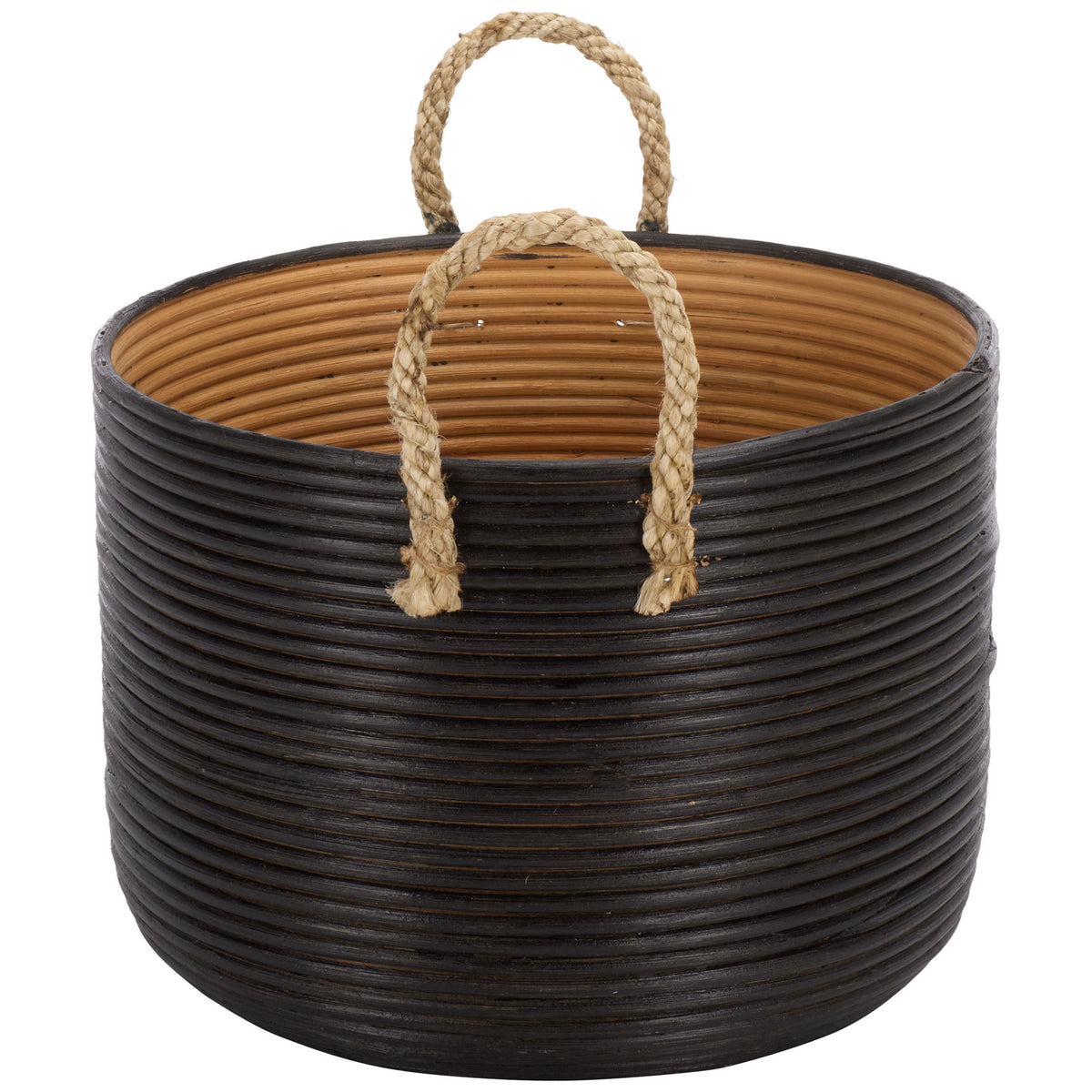 Braided rope handles accent a deep black woven basket with a warm natural interior || STG1816A || side_partial_studio
