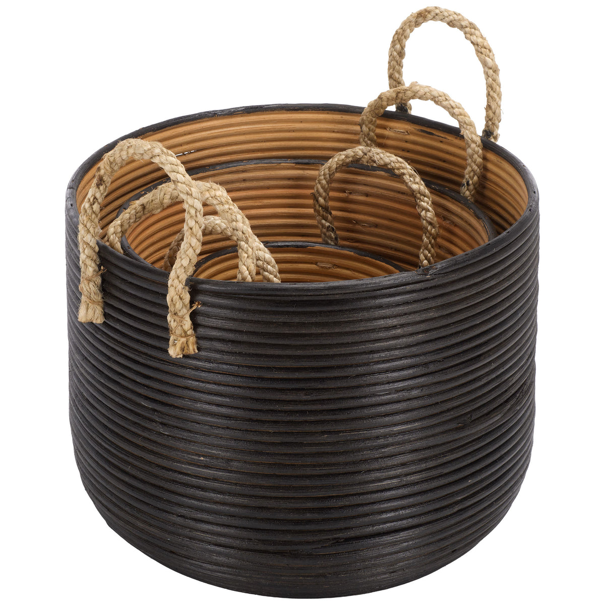 Three graduated baskets nest neatly together, with natural interiors and rope handles peeking through || STG1816A || front_angle_studio