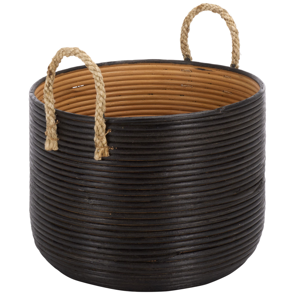 A roomy basket pairs a black coiled exterior with a warm natural interior and sturdy rope handles || STG1816A || front_angle_partial_studio