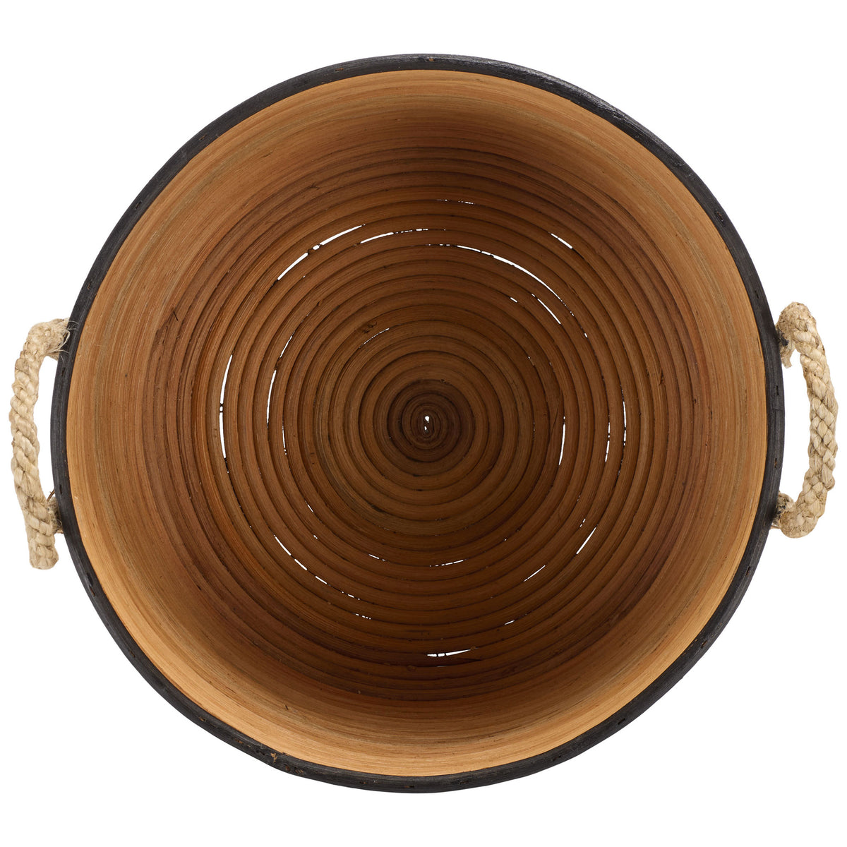 Concentric rattan coils create a warm natural basket interior framed by a black rim || STG1816A || top_partial_studio