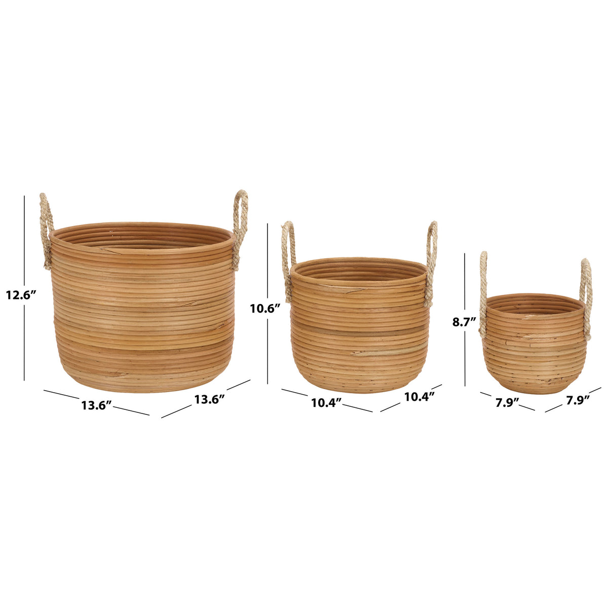 Three natural rattan baskets in graduated sizes offer storage with braided handles. || STG1817A || dimension_studio