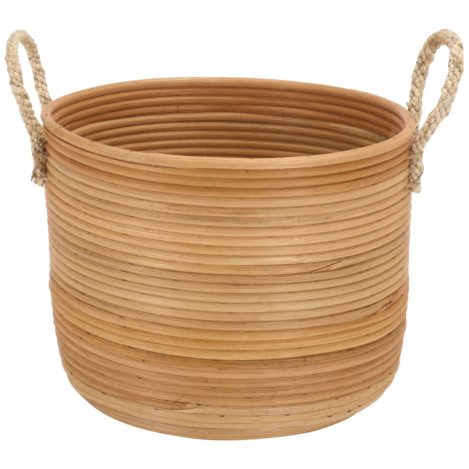 The largest natural rattan basket offers ample space in a rounded shape with two braided handles. || STG1817A || front_partial_studio