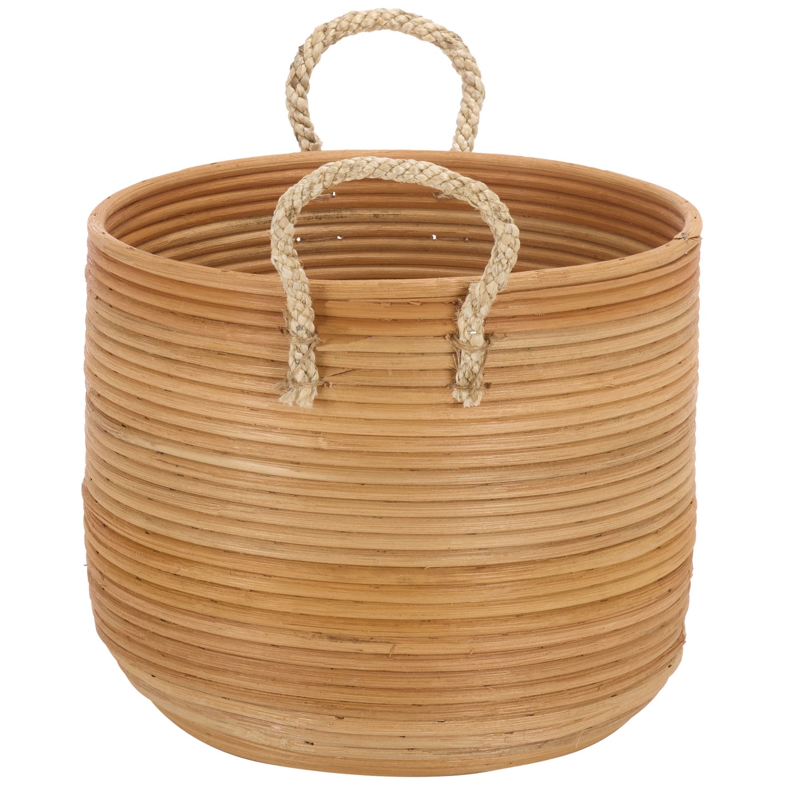 Braided loop handles rise from the natural rattan basket's textured, rounded sides. || STG1817A || side_partial_studio