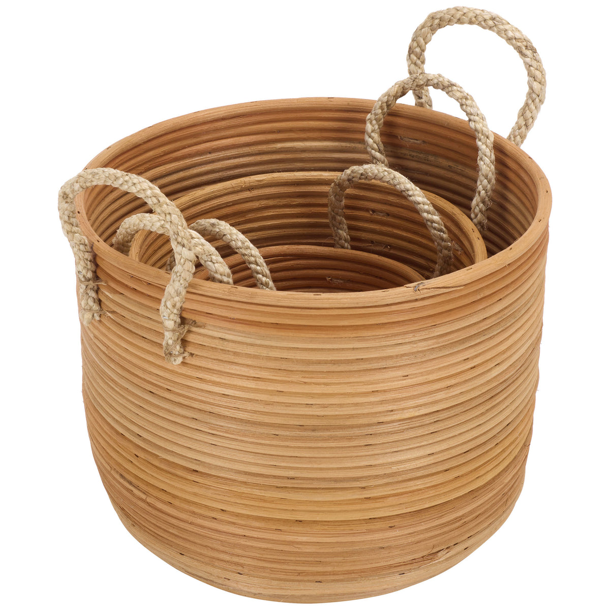 Three sizes nest inside the largest natural rattan basket, with matching handles above the rims. || STG1817A || front_angle_studio