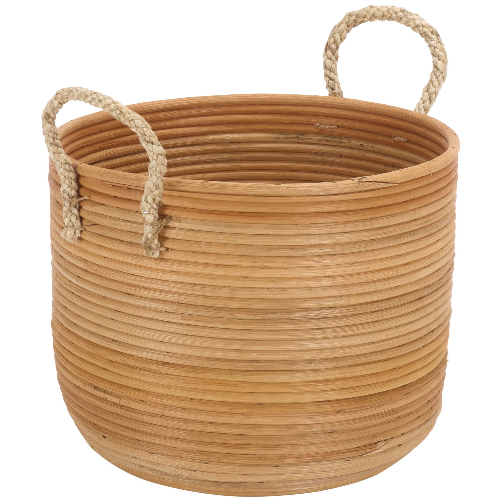 A deep natural rattan basket features an open top and braided handles for easy carrying. || STG1817A || front_angle_partial_studio