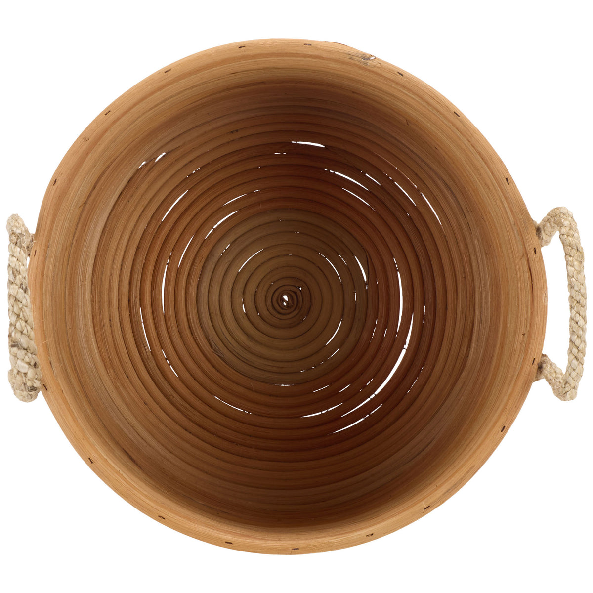 Concentric rattan coils create a textured natural interior, flanked by two braided loop handles. || STG1817A || top_partial_studio