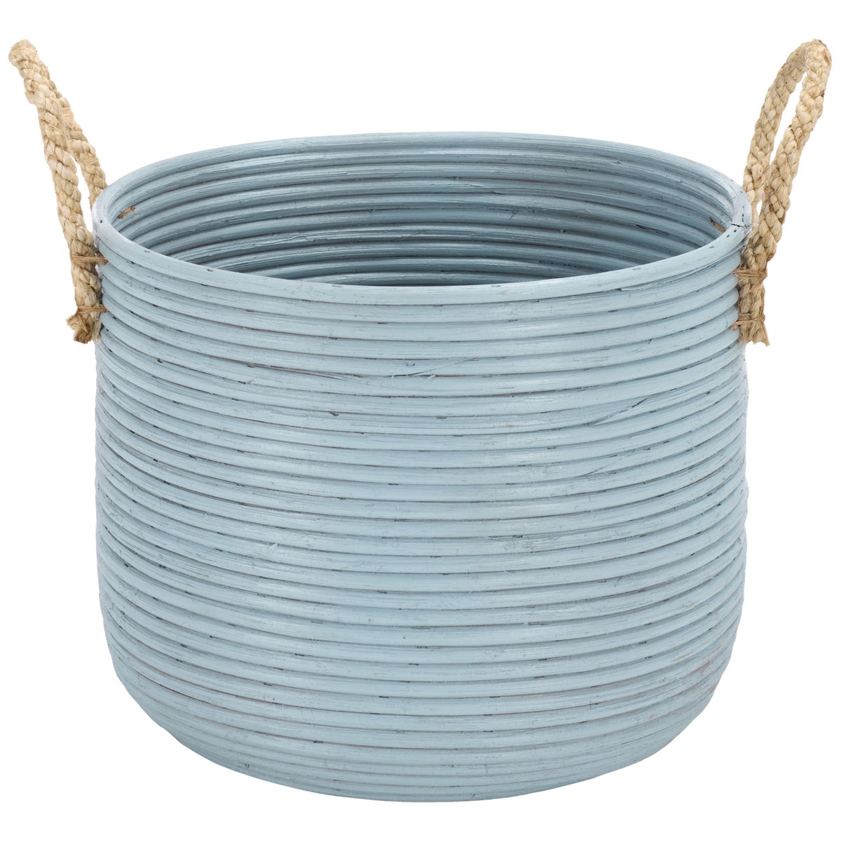 The largest light blue basket has a roomy open top, rounded base, and two braided handles. || STG1817B || front_partial_studio