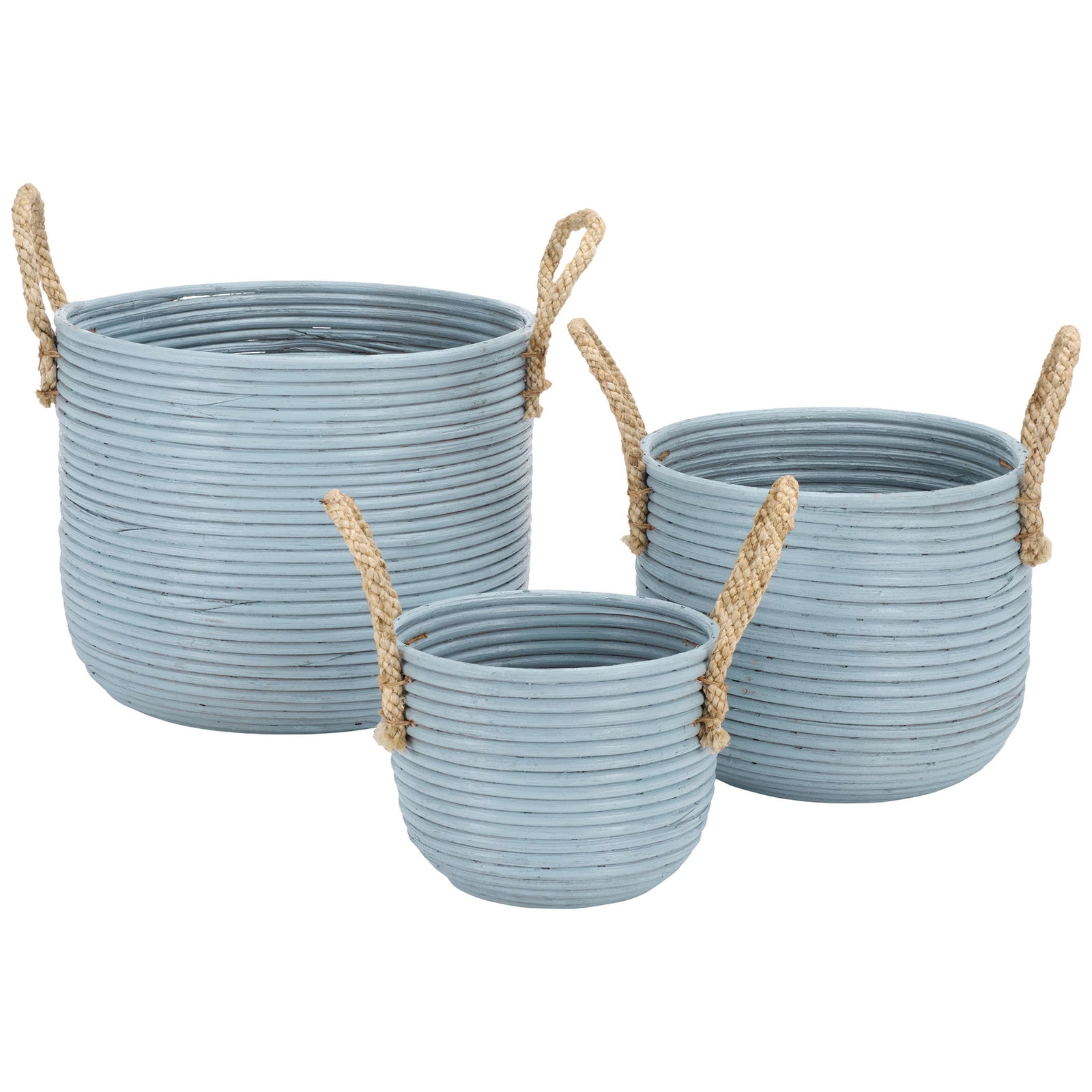 Three light blue rattan baskets offer graduated storage with contrasting natural handles. || STG1817B || front_studio