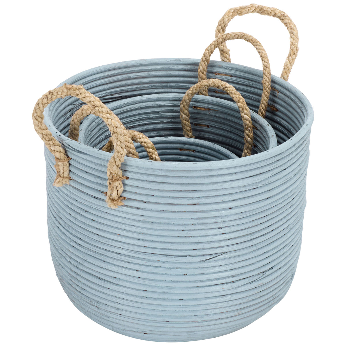 Three light blue rattan baskets nest together, with natural handles peeking above their rims. || STG1817B || front_angle_studio