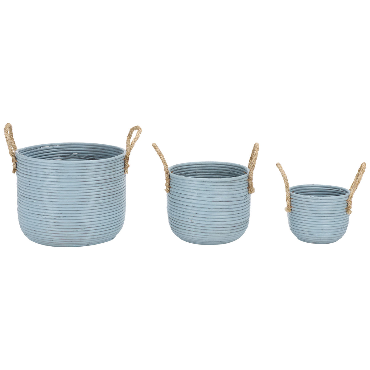 Three graduated light blue baskets line up for versatile storage, each with looped natural handles. || STG1817B || side_studio