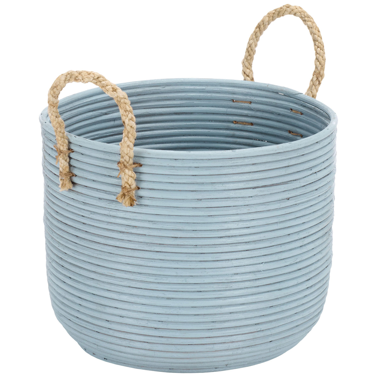 Curved light blue rattan sides pair with natural braided handles for easy carrying. || STG1817B || front_angle_partial_studio
