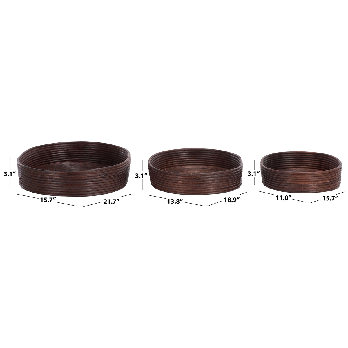 Three oval rattan baskets range from 15.7 to 21.7 inches long, each with a 3.1-inch height || STG1818A || dimension_studio