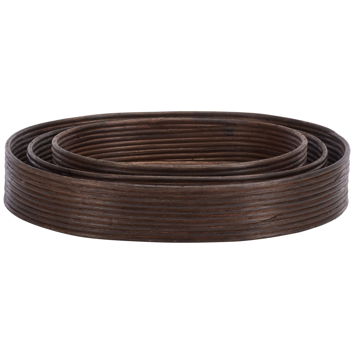 Three dark brown rattan baskets nest compactly with layered oval rims and low, coiled sides || STG1818A || front_studio