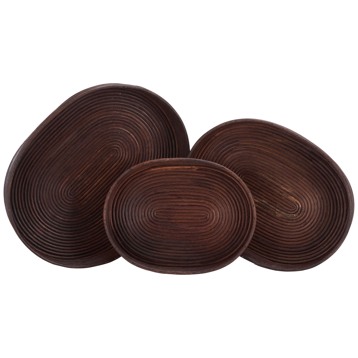 Three graduated oval trays bring spiral-woven rattan texture to display and storage || STG1818A || top_studio