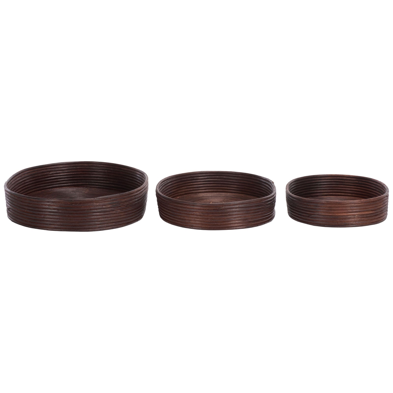 Three low-profile oval baskets pair tightly coiled rattan with a dark brown finish || STG1818A || side_studio