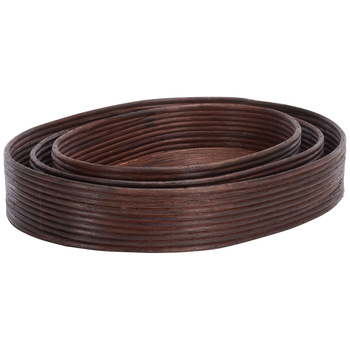 Nested oval rattan trays combine gently rounded rims with a rich dark brown finish || STG1818A || front_angle_studio