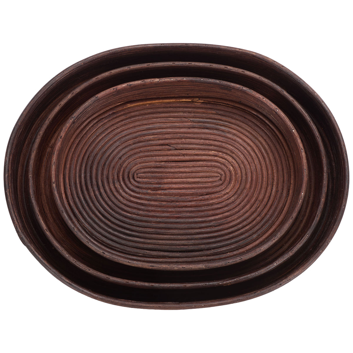 Three neatly nested rattan trays form concentric oval rims around a coiled center || STG1818A || top_studio
