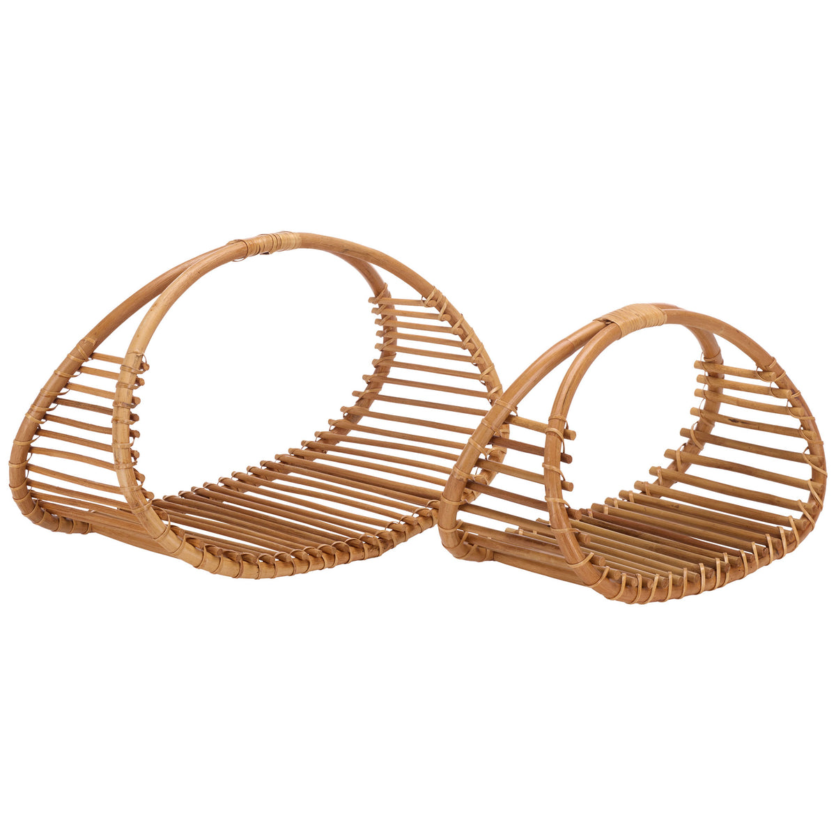 Two natural rattan baskets pair sweeping arches with open slatted bases in complementary sizes. || STG1819A || front_angle_studio