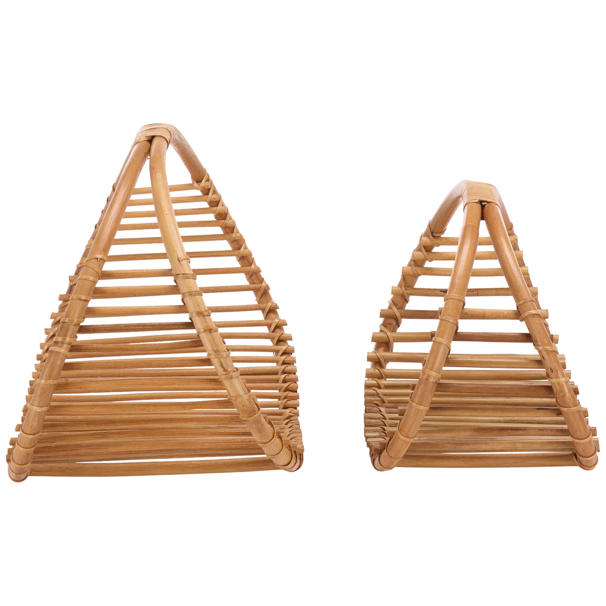 Two different-sized rattan baskets share tapered arches and open slatted construction. || STG1819A || side_studio