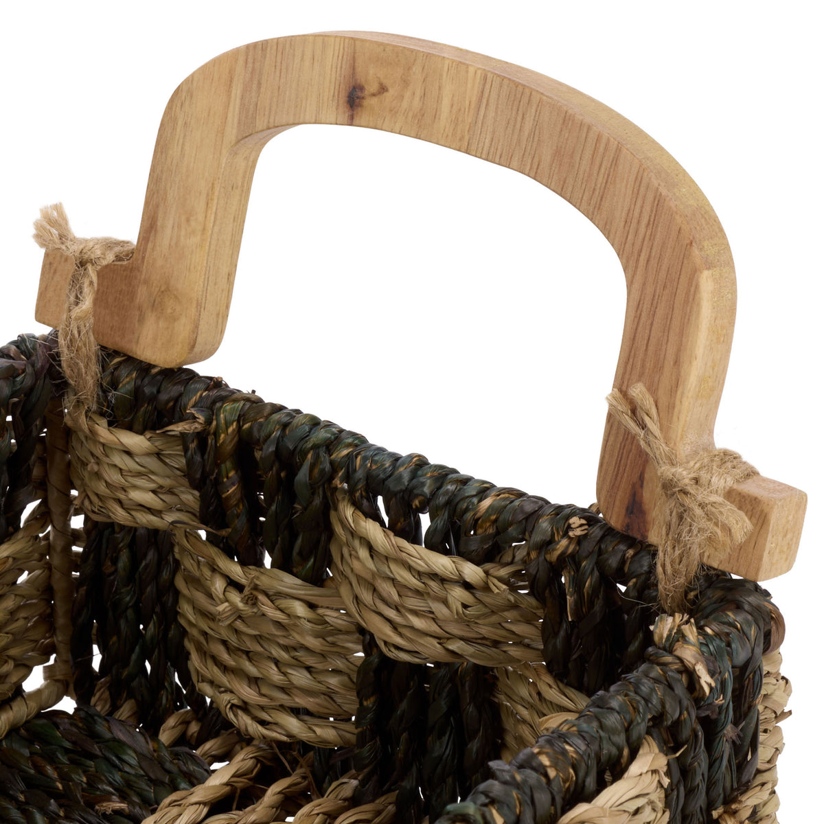 Curved wood handle spans the basket's opening above contrasting natural and dark seagrass || STG1820A || handle_studio