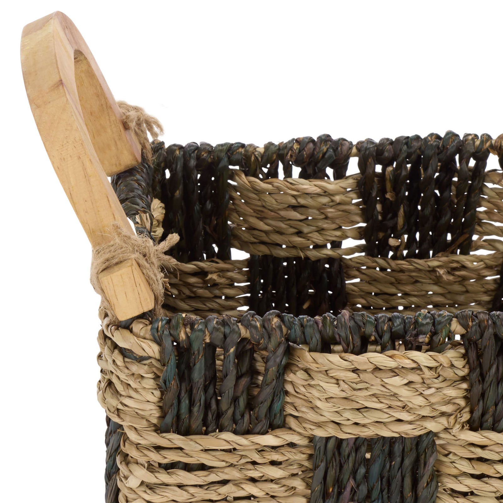 Rustic rope ties fasten a light wood handle to the basket's two-tone woven rim || STG1820A || handle_studio