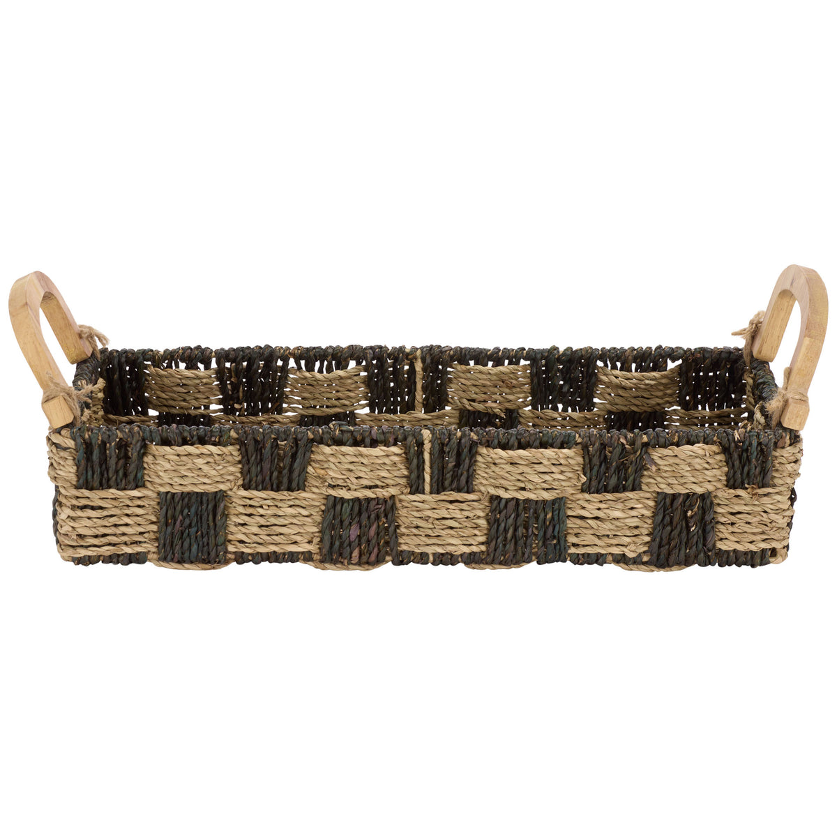 Low rectangular basket showcases a bold checkerboard weave in natural and dark seagrass || STG1820A || front_studio