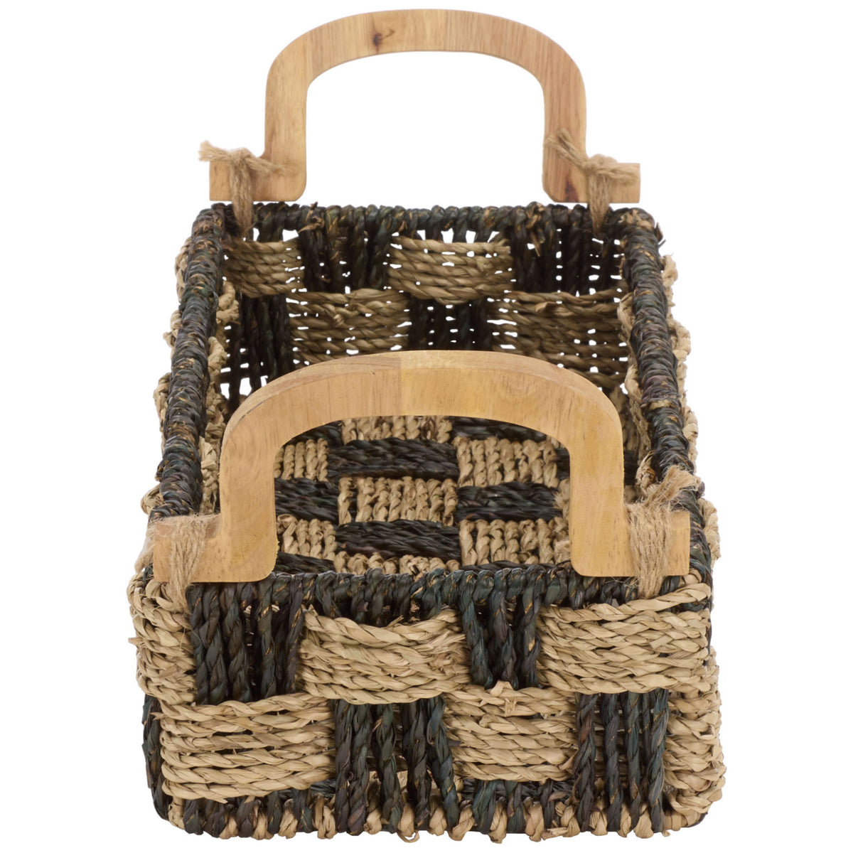 Narrow basket ends feature arched wood handles and a contrasting seagrass weave || STG1820A || side_studio