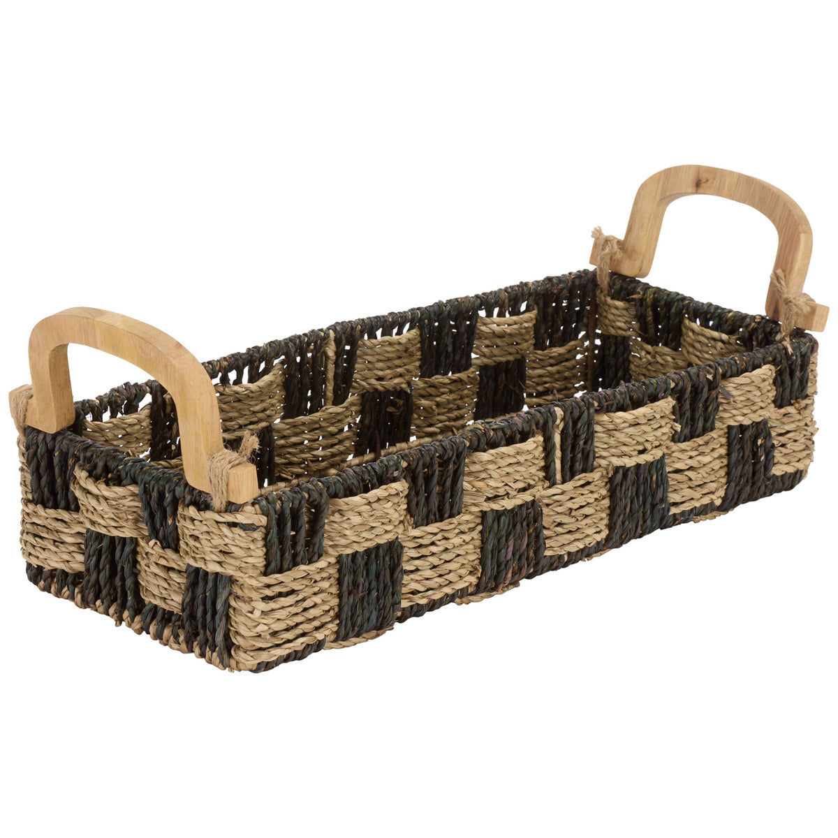 Open rectangular basket pairs an airy checkerboard weave with curved wood handles || STG1820A || front_angle_studio