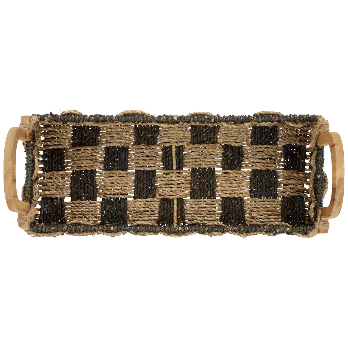 Open basket reveals a rectangular woven base with alternating natural and dark blocks || STG1820A || top_studio