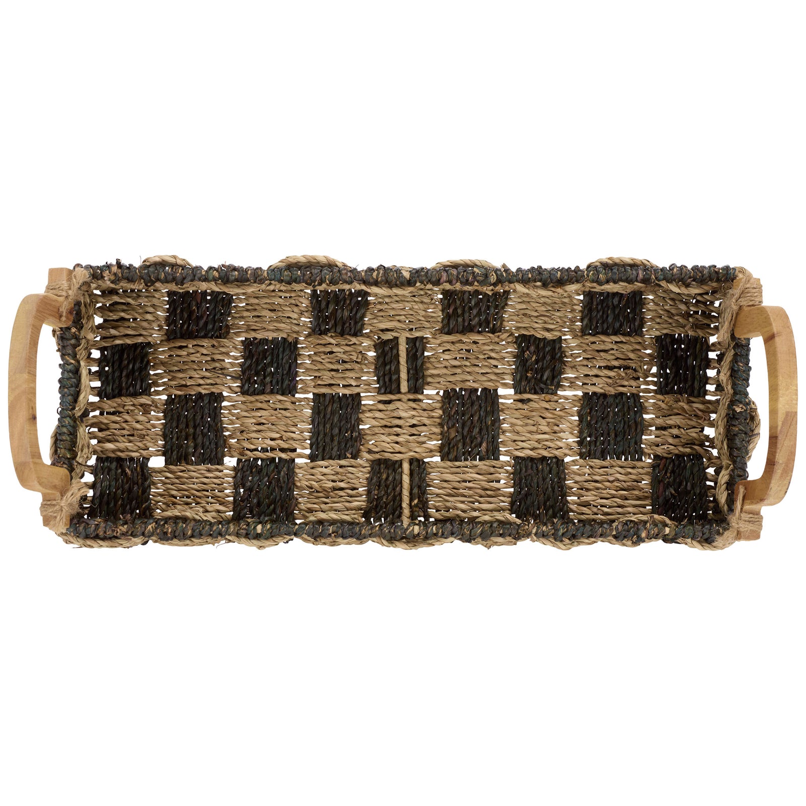 Open basket reveals a rectangular woven base with alternating natural and dark blocks || STG1820A || top_studio